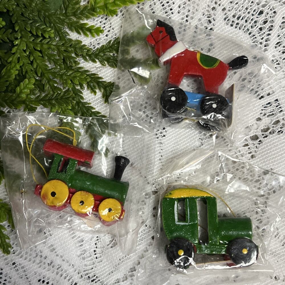 Vintage Lot of 3 Mini Ornaments Wooden Mervyns Train Tractor Horse Small Wood